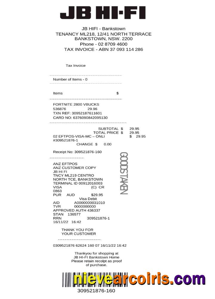 Australia JB Hi-Fi tax invoice